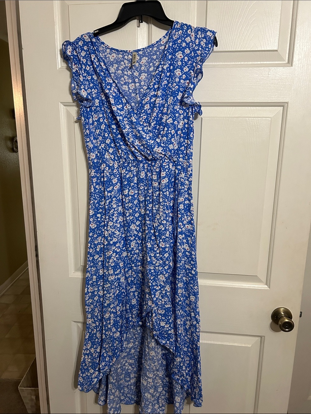 Blue Floral High-Low Wrap Dress with Ruffle Cap Sleeves
